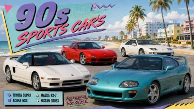 Vintage 90s sports cars displayed in dramatic lighting highlighting their design and performance legacy