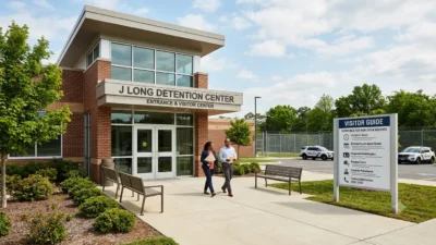 J Long Detention Center visitor guide with facility building and family information.