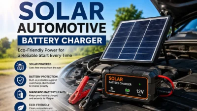 Solar automotive battery charger connected to a car battery with a solar panel providing eco-friendly battery maintenance and charging power.