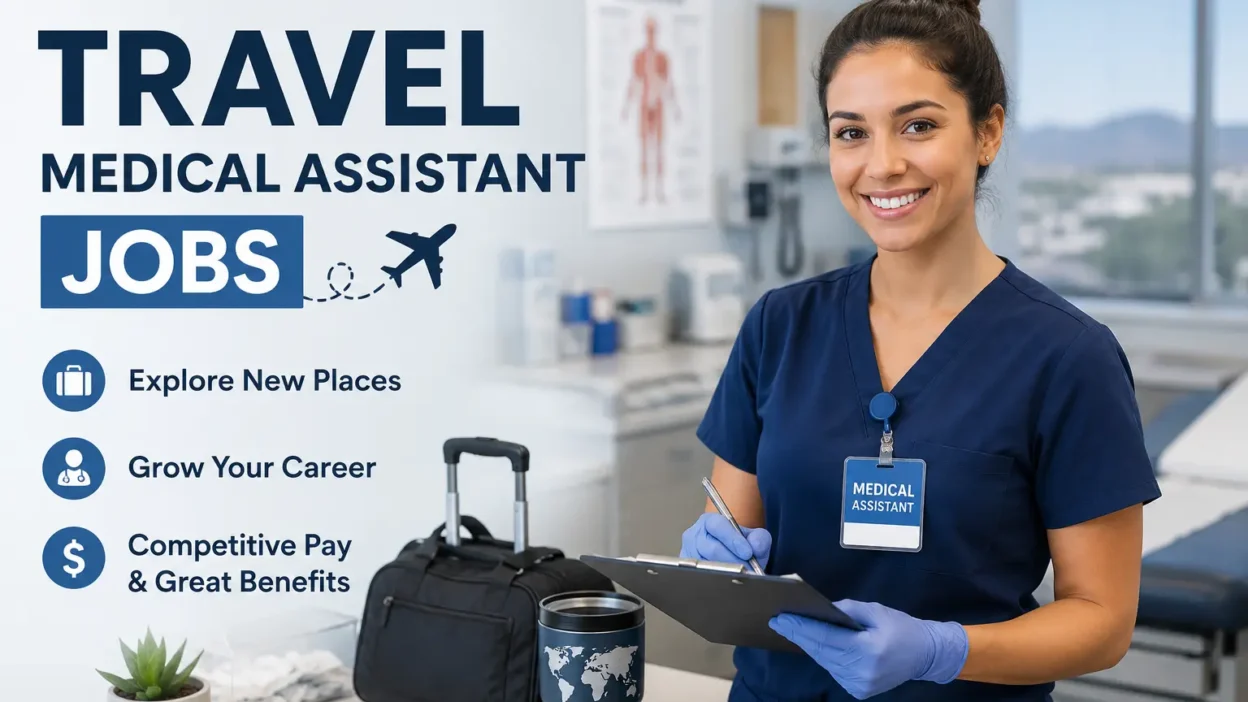 Travel medical assistant job concept with healthcare professional and luggage