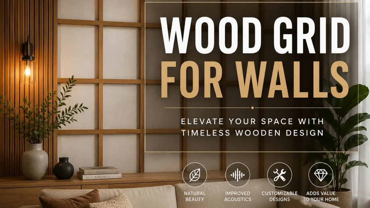 Modern wood grid wall in a stylish interior.